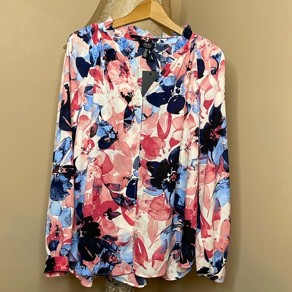 Jones New York Flower Blouse Size XL  Ruffle Neck Puff
Sleeve - Picture 7 of 14